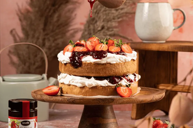 Κέικ βανίλια με μαρμελάδα φράουλας